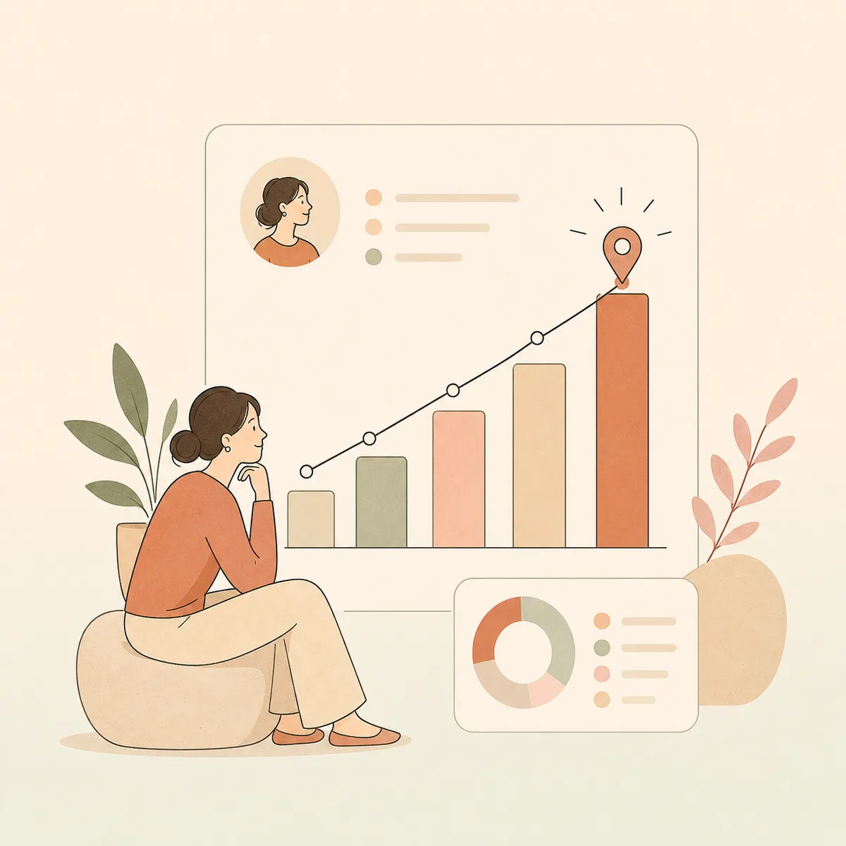 Flat illustration of a bar chart and rising line with a pinned data point