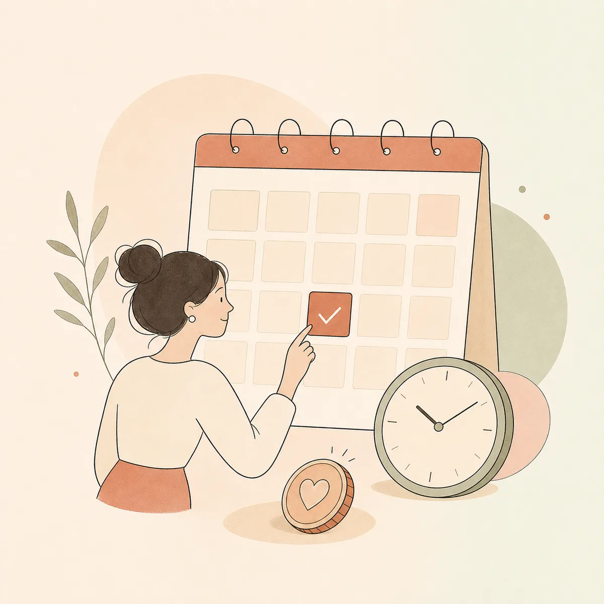 Flat illustration of a calendar and clock with a coin for paid bookings