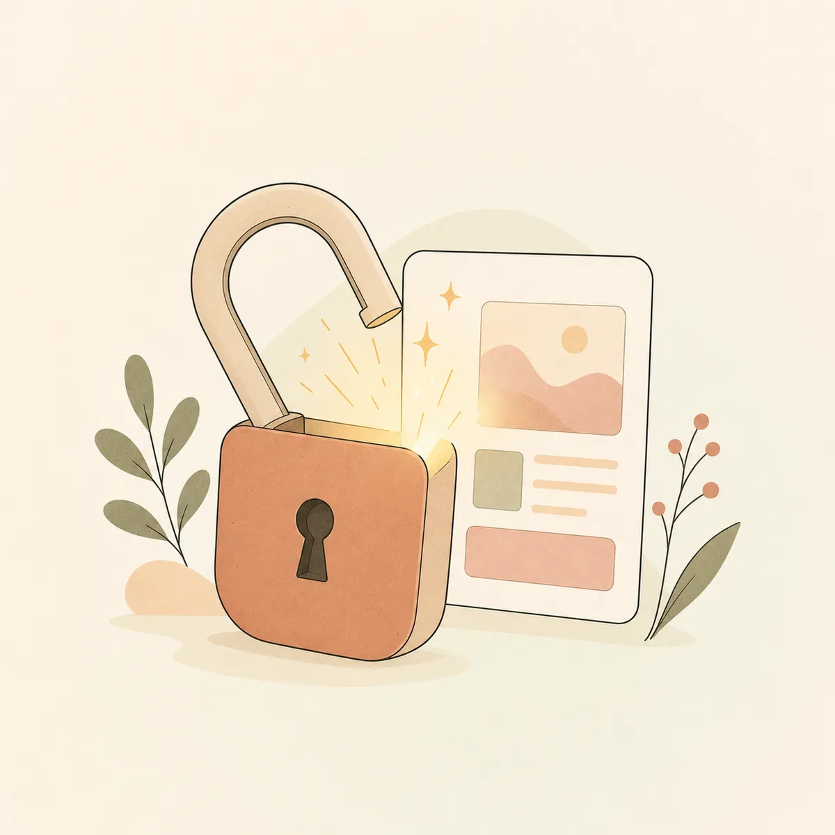 Flat illustration of a padlock unlocking premium content