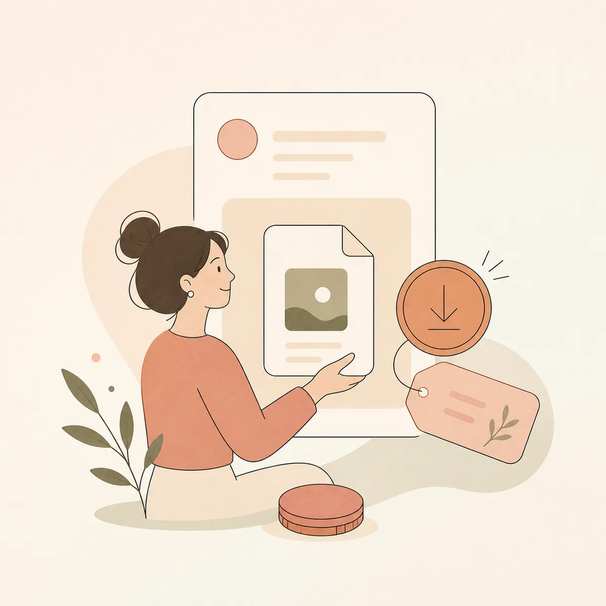 Flat illustration of a digital product file with a coin